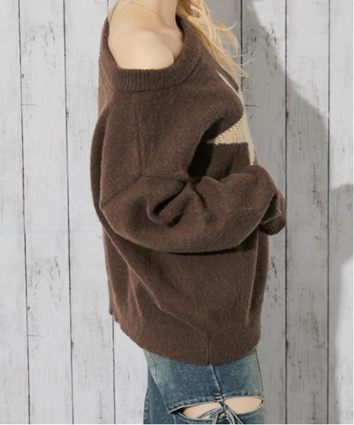 GORGE（ゴージ）の「《スター柄×オフショル》レディース フェザーニット プルオーバー ゆるシルエット 秋冬（ニット/セーター・レディース・ネイビー/チャコール/ボルドー/ブラウン・F）」の20枚目の写真