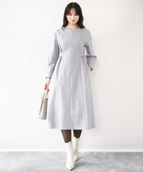 フォクシー レディグレー ワンピース ドレス ホワイトリボンベルト ウール 40 フォクシー レディグレー ワンピース ドレス ホワイトリボンベルト