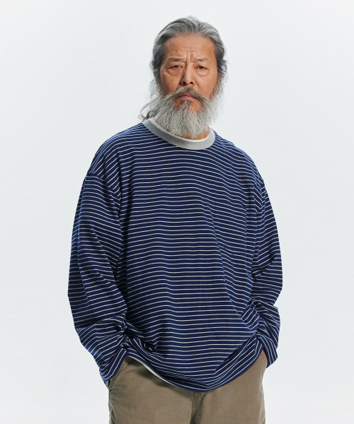 FRIZMWORKS(フリズムワークス)の「STRIPE OVERSIZED RELAX TEE 003 _ NAVY(Tシャツ/カットソー・メンズ・その他・LARGE/SMALL/MEDIUM/X-LARGE)」の1枚目の写真