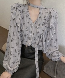 花柄フリル長袖ブラウス