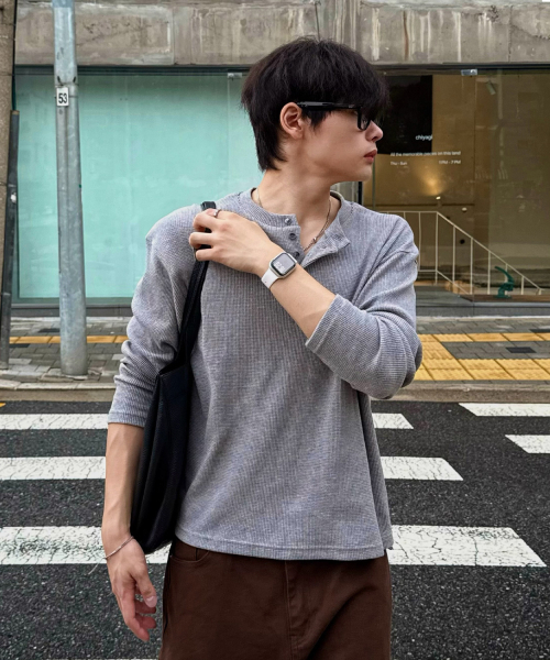 セール】ワッフルヘンリーネックロングスリーブTシャツ[グレー]（T