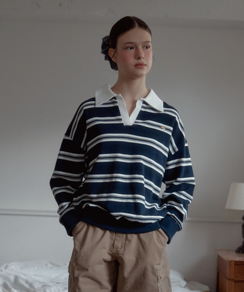 ANOETIC（アノエティック）の「ANC HOPE STRIPE RUGBY SWEATSHIRTS_NAVY（ポロシャツ・レディース・ネイビー・FREE）」の2枚目の写真