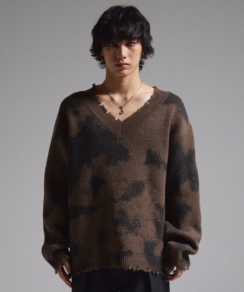 【GRANCY】 スプレーダメージVネックウールニット　Sサイズ GRANCY】Spray Damaged V-neck Wool Knit / スプレーダメージVネック