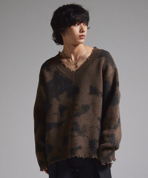 GRANCY】Spray Damaged V-neck Wool Knit / スプレーダメージVネック