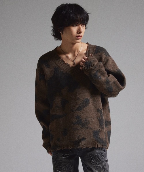 GRANCY】Spray Damaged V-neck Wool Knit / スプレーダメージVネック