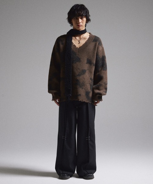 【GRANCY】 スプレーダメージVネックウールニット　Sサイズ GRANCY】Spray Damaged V-neck Wool Knit / スプレーダメージVネック