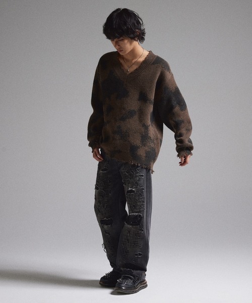 GRANCY】Spray Damaged V-neck Wool Knit / スプレーダメージVネック