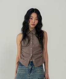 SLEEVLESS SHIRRING SHIRTS (PINK YELLOW)