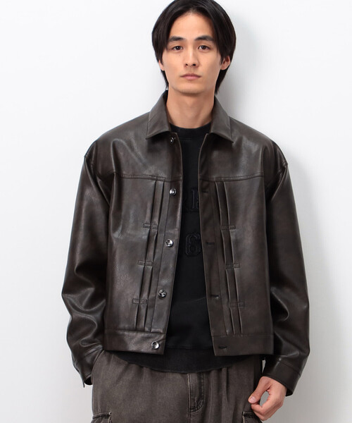 Purple&Yellow(パープルアンドイエロー)の「合成皮革Gジャン(ブルゾン・メンズ・チャコール/ブラウン・SMALL/MEDIUM/LARGE)」の6枚目の写真