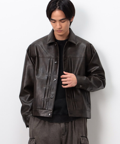 Purple&Yellow(パープルアンドイエロー)の「合成皮革Gジャン(ブルゾン・メンズ・チャコール/ブラウン・SMALL/MEDIUM/LARGE)」の7枚目の写真