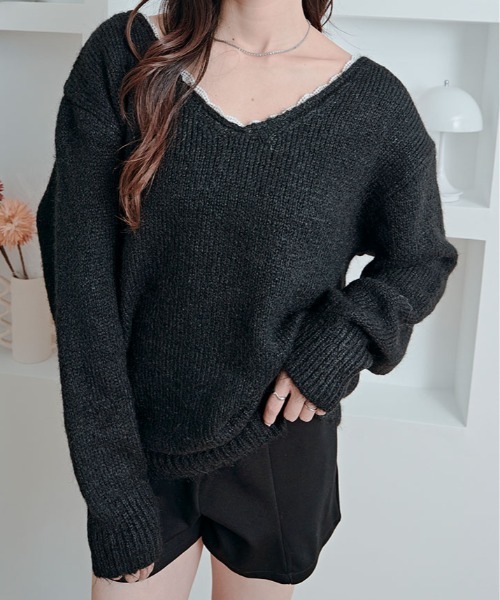 kirakiraShop(キラキラショップ)の「バックリボン Vネック ニット トップス(ニット/セーター・レディース・グレー/ブラック/アイボリー/レッド・FREE)」の6枚目の写真
