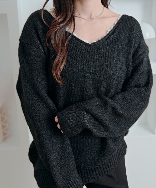 kirakiraShop(キラキラショップ)の「バックリボン Vネック ニット トップス(ニット/セーター・レディース・グレー/ブラック/アイボリー/レッド・FREE)」の7枚目の写真