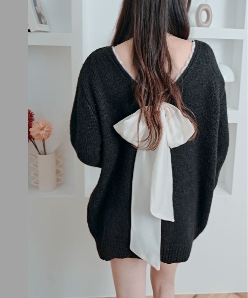 kirakiraShop(キラキラショップ)の「バックリボン Vネック ニット トップス(ニット/セーター・レディース・グレー/ブラック/アイボリー/レッド・FREE)」の8枚目の写真