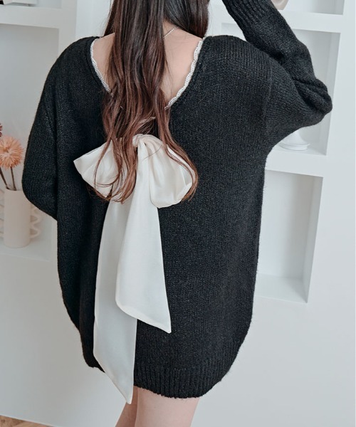 kirakiraShop(キラキラショップ)の「バックリボン Vネック ニット トップス(ニット/セーター・レディース・グレー/ブラック/アイボリー/レッド・FREE)」の9枚目の写真