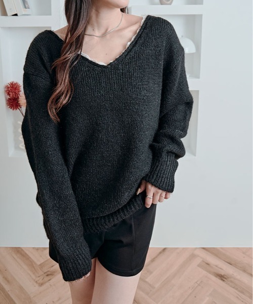 kirakiraShop(キラキラショップ)の「バックリボン Vネック ニット トップス(ニット/セーター・レディース・グレー/ブラック/アイボリー/レッド・FREE)」の10枚目の写真