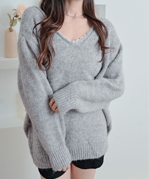 kirakiraShop(キラキラショップ)の「バックリボン Vネック ニット トップス(ニット/セーター・レディース・グレー/ブラック/アイボリー/レッド・FREE)」の16枚目の写真