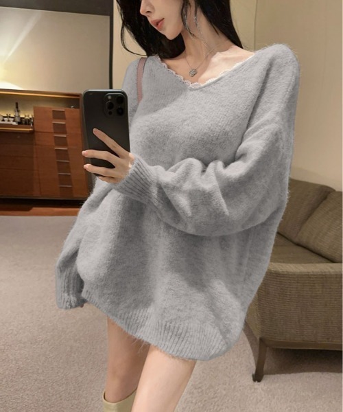 kirakiraShop(キラキラショップ)の「バックリボン Vネック ニット トップス(ニット/セーター・レディース・グレー/ブラック/アイボリー/レッド・FREE)」の13枚目の写真