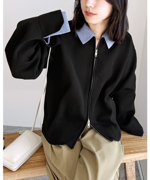 reca(レカ)の「襟付きダブルジップニットカーディガン(ブルゾン・レディース・アイボリー/ブラック・FREE)」の2枚目の写真