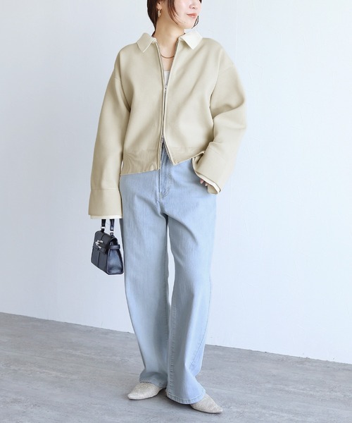 reca(レカ)の「襟付きダブルジップニットカーディガン(ブルゾン・レディース・アイボリー/ブラック・FREE)」の4枚目の写真