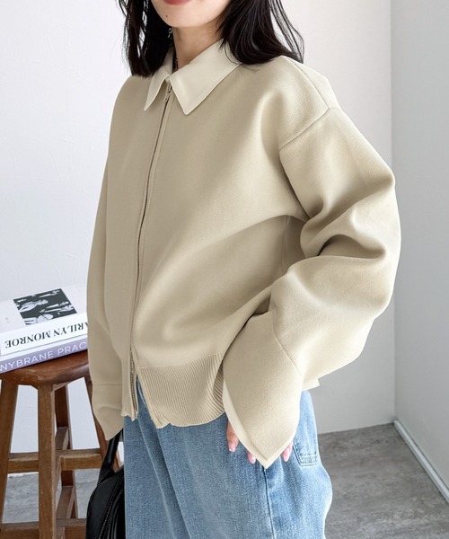 ルネRene' 襟付きパフスリーブダブルジップカーディガン　36（M） セール】襟付きダブルジップニットカーディガン（ブルゾン）｜reca
