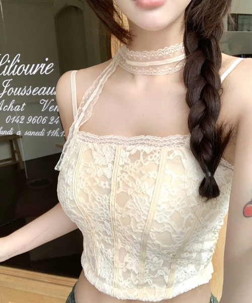 c.u.l(シーユーエル)の「カップ付き 花柄総レース バックシャーリング ミニキャミ トップス culw881(キャミソール・レディース・ライトベージュ/ブラック/ホワイト/ピンク・FREE)」の13枚目の写真