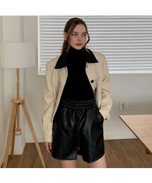Faux Leather Banding Shorts Pants Black