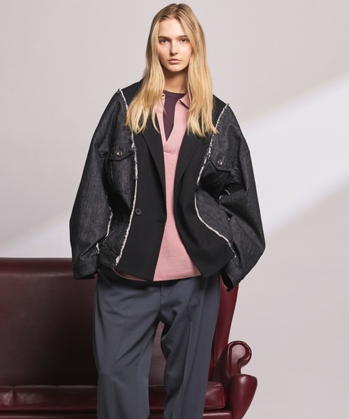 MAISON SPECIAL（メゾンスペシャル）の「《UNISEX》Denim Docking Prime-Over Peaked Lapel Jacket/デニムドッキングプライムオーバーピークドラペルジャケット【MAISON SPECIAL/メゾンスペシャル】■セットアップ対応■（テーラードジャケット・メンズ・ブラック/ネイビー・2/1/0）」の4枚目の写真