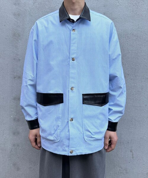 CIAOPANIC(チャオパニック)の「レザー襟切り替えストライプシャツジャケット(テーラードジャケット・レディース・サックスブルー/グレー・MEDIUM/LARGE)」の3枚目の写真