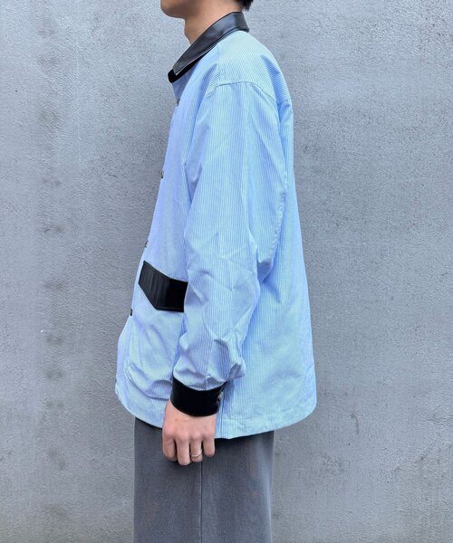 CIAOPANIC(チャオパニック)の「レザー襟切り替えストライプシャツジャケット(テーラードジャケット・レディース・サックスブルー/グレー・MEDIUM/LARGE)」の4枚目の写真