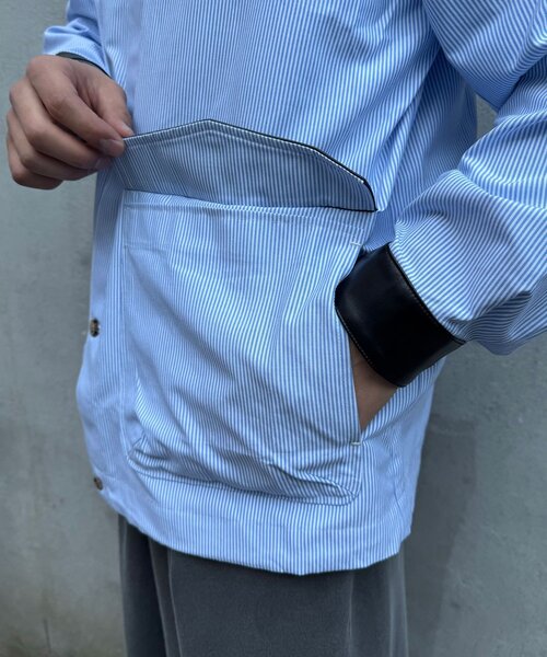 CIAOPANIC(チャオパニック)の「レザー襟切り替えストライプシャツジャケット(テーラードジャケット・レディース・サックスブルー/グレー・MEDIUM/LARGE)」の7枚目の写真