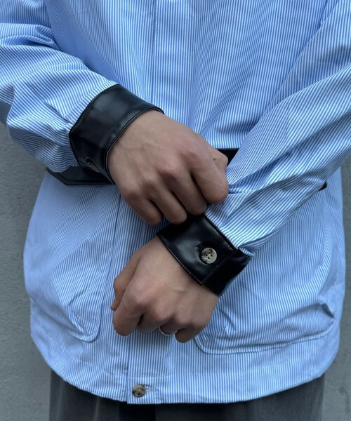 CIAOPANIC(チャオパニック)の「レザー襟切り替えストライプシャツジャケット(テーラードジャケット・レディース・サックスブルー/グレー・MEDIUM/LARGE)」の8枚目の写真