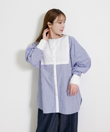 ストライプチュニックシャツ レディース ビブヨーク ギャザースリーブ ボリューム袖 体型カバー セミロング丈 ブラウス