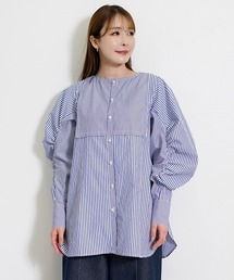 ストライプチュニックシャツ レディース ビブヨーク ギャザースリーブ ボリューム袖 体型カバー セミロング丈 ブラウス