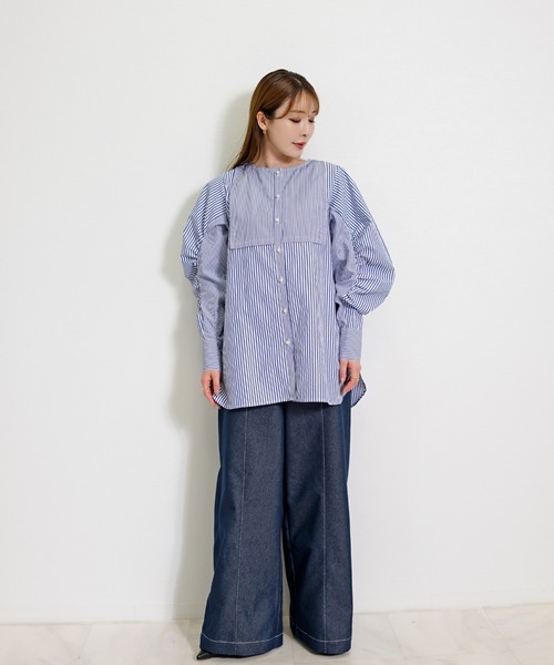 CHhdmn(シーエイチヒデモン)の「ストライプチュニックシャツ レディース ビブヨーク ギャザースリーブ ボリューム袖 体型カバー セミロング丈 ブラウス(シャツ/ブラウス・レディース・ブルー系その他/ホワイト系その他・M/L)」の9枚目の写真