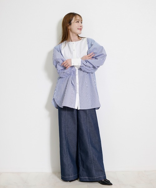 CHhdmn(シーエイチヒデモン)の「ストライプチュニックシャツ レディース ビブヨーク ギャザースリーブ ボリューム袖 体型カバー セミロング丈 ブラウス(シャツ/ブラウス・レディース・ブルー系その他/ホワイト系その他・M/L)」の19枚目の写真