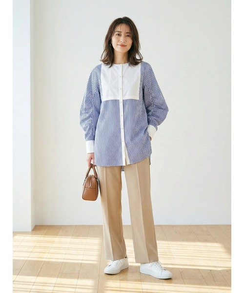 CHhdmn(シーエイチヒデモン)の「ストライプチュニックシャツ レディース ビブヨーク ギャザースリーブ ボリューム袖 体型カバー セミロング丈 ブラウス(シャツ/ブラウス・レディース・ブルー系その他/ホワイト系その他・M/L)」の22枚目の写真