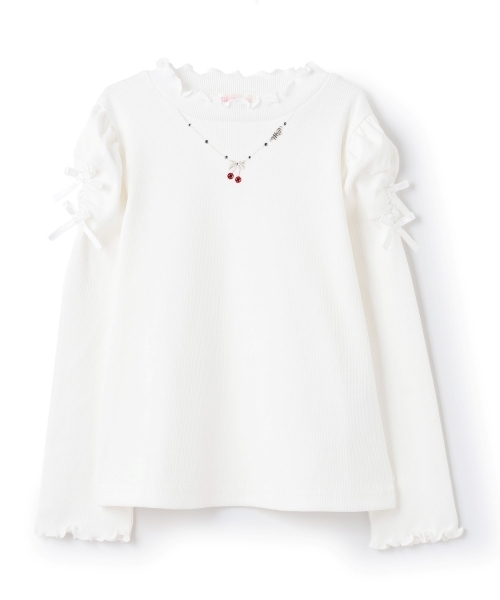 mezzo piano(メゾピアノ)の「ネックレス刺しゅう プチハイネック 長袖Tシャツ(Tシャツ/カットソー・キッズ・レッド/ライトピンク/オフホワイト・140cm/120cm/130cm)」の2枚目の写真