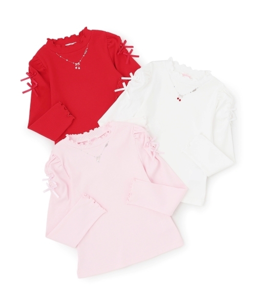 mezzo piano(メゾピアノ)の「ネックレス刺しゅう プチハイネック 長袖Tシャツ(Tシャツ/カットソー・キッズ・レッド/ライトピンク/オフホワイト・140cm/120cm/130cm)」の6枚目の写真