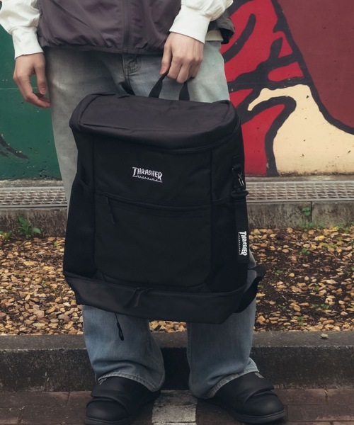 BOX SACK BACKPACK 30L/THRASHER スラッシャー ボックス型 シューズスペース付き 背面直通ファスナー PCポケット コの字開口 GONZ 通学 部活 ジム スポーツ リュック