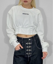 ツーウエイトロングＴシャツ /【ショート丈】ワンポイント クロップド丈 スウェット トレーナー スタイルアップ 海外ガール クルーネック ウエストデザイン ストリート カットソー ホワイト グレー ブラック