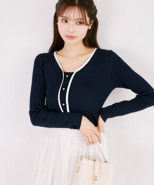 tocco closet(トッコ クローゼット)の「【ZOZO限定】フロントオープンライクバイカラーリブニットトップス(ニット/セーター・レディース・ネイビー×ホワイト/ホワイト×ブラック・M)」の15枚目の写真