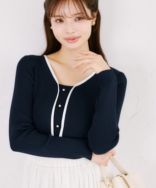 tocco closet(トッコ クローゼット)の「【ZOZO限定】フロントオープンライクバイカラーリブニットトップス(ニット/セーター・レディース・ネイビー×ホワイト/ホワイト×ブラック・M)」の16枚目の写真