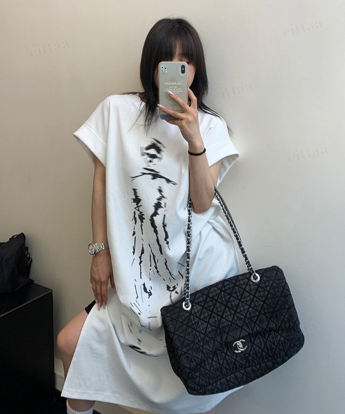 Dalfwin（ダールフィン）の「韓国ファッション Phantomプリントフレンチスリーブロング丈ワンピース（ワンピース・レディース・ホワイト・FREE）」の2枚目の写真