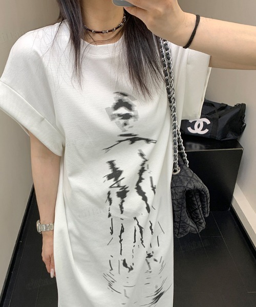 Dalfwin（ダールフィン）の「韓国ファッション Phantomプリントフレンチスリーブロング丈ワンピース（ワンピース・レディース・ホワイト・FREE）」の8枚目の写真