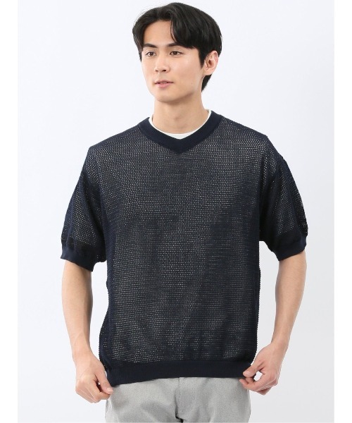 TAKA-Q（タカキュー）の「アンサンブル 2枚 セット メンズ 透かし編み Vネック プルオーバー & 半袖 Tシャツ ややゆったり ルーズ（アンサンブル・メンズ・ベージュ/ネイビー・MEDIUM/LARGE/X-LARGE）」の2枚目の写真