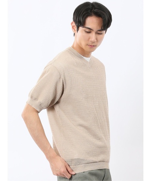TAKA-Q（タカキュー）の「アンサンブル 2枚 セット メンズ 透かし編み Vネック プルオーバー & 半袖 Tシャツ ややゆったり ルーズ（アンサンブル・メンズ・ベージュ/ネイビー・MEDIUM/LARGE/X-LARGE）」の19枚目の写真