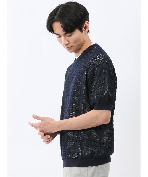 TAKA-Q（タカキュー）の「アンサンブル 2枚 セット メンズ 透かし編み Vネック プルオーバー & 半袖 Tシャツ ややゆったり ルーズ（アンサンブル・メンズ・ベージュ/ネイビー・MEDIUM/LARGE/X-LARGE）」の10枚目の写真