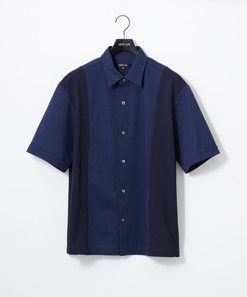 MICHEL KLEIN HOMME (ミッシェルクランオム)の「【セットアップ】異素材コンビ半袖シャツ(シャツ/ブラウス・メンズ・ダークグレー/ブルー・MEDIUM/LARGE/X-LARGE)」の1枚目の写真