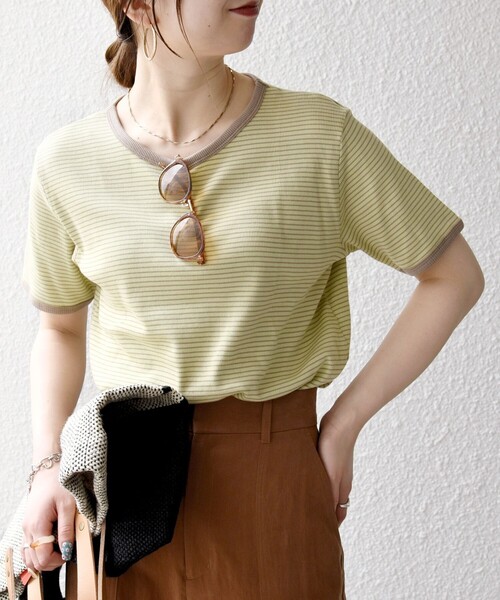 Healthknit(ヘルスニット)の「Healthknit:〈洗濯機可能〉リブ ボーダー TEE(Tシャツ/カットソー・レディース・ベージュ/イエロー・ONE SIZE)」の1枚目の写真