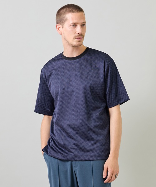 UNION STATION(ユニオンステーション)の「ジオメトリックジャガードTシャツ<ストレッチ・マシンウォッシャブル>(Tシャツ/カットソー・メンズ・ネイビー/チャコールグレー/ホワイト・L/M/LL)」の3枚目の写真